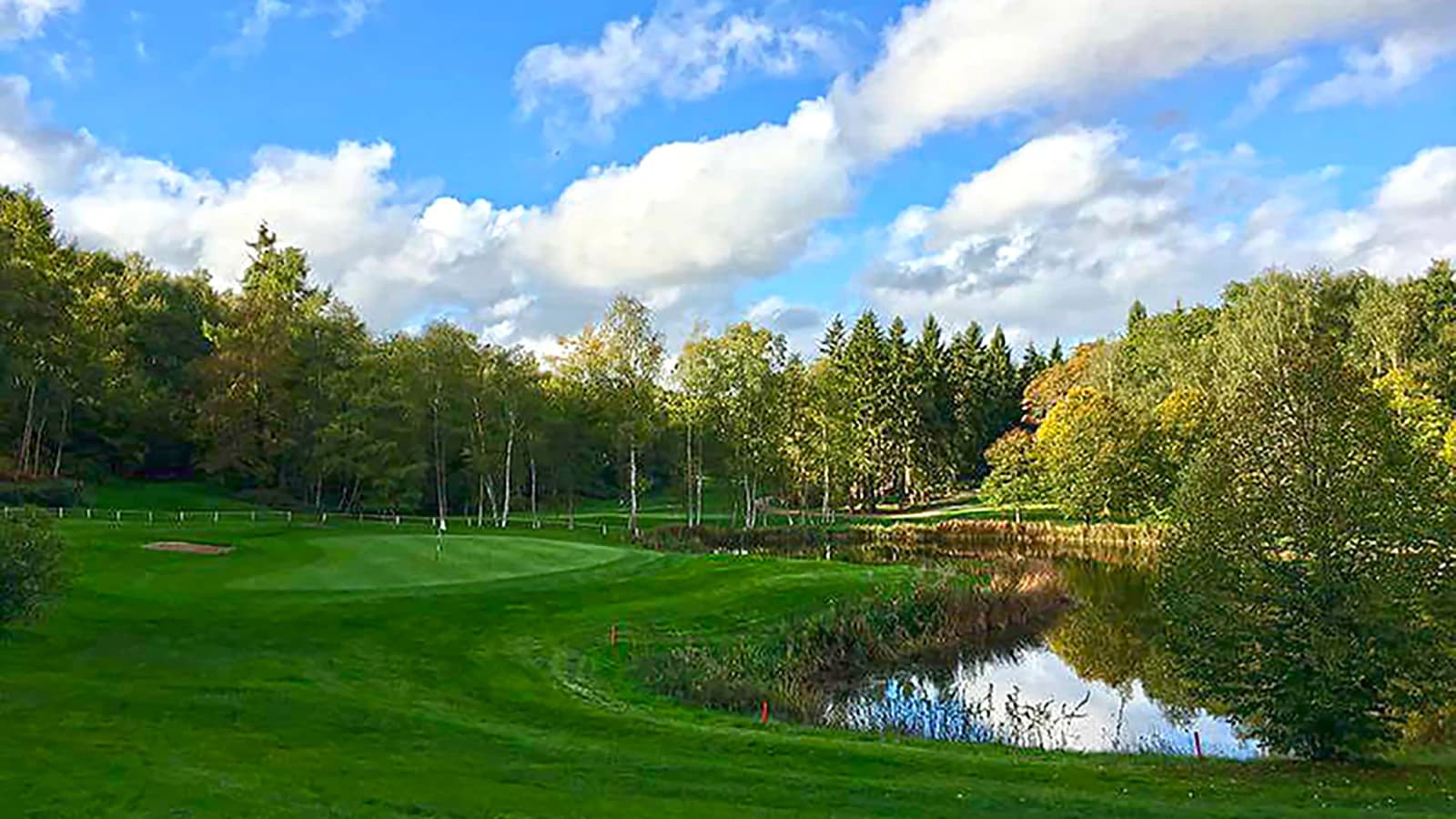 Fairway et obstacle d’eau du Golf du Champ de Bataille dans son environnement boisé.