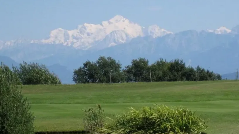 Fairway et arbres avec panorama alpin.