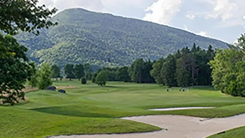 Green et large bunker, arbres et montagne.